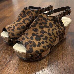 Leopard Print Peep Toe Platform Wedges, Size 9 - Like New